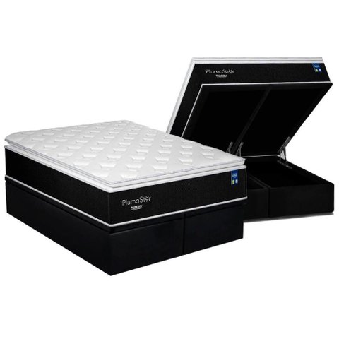 Cama Box Baú King: Colchão Molas Bonnel Plumatex Ensacadas Plumastar + Base Crc Suede Black (