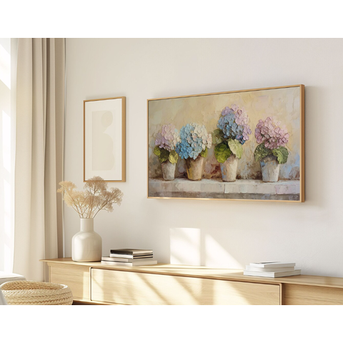 Quadro Decorativo N°147 160x90cm - Panorâmico Botânico - Hortênsia - Madeira Clara - Rollflex