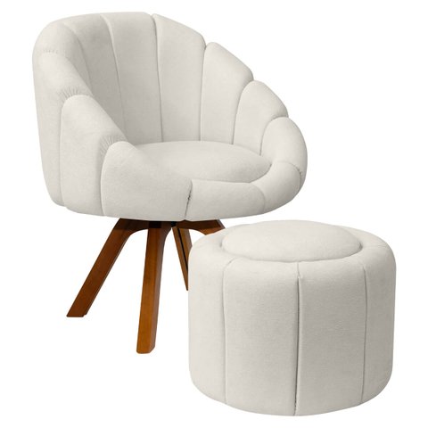 Kit Poltrona Decorativa Orgânica Flora Base Giratória com Puff Bouclê - Sofa Store:bouclê Bege Marfi