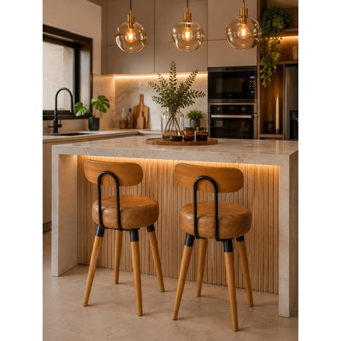 2U Banqueta Baixa Encosto Ergonomico Cozinha Premium Madeira Pé Palito Caramelo
