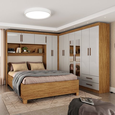 Guarda-roupa Casal Modulado com Cama Hércules 11 Portas 6 Gavetas com Espelho Cinamomo/off White - C