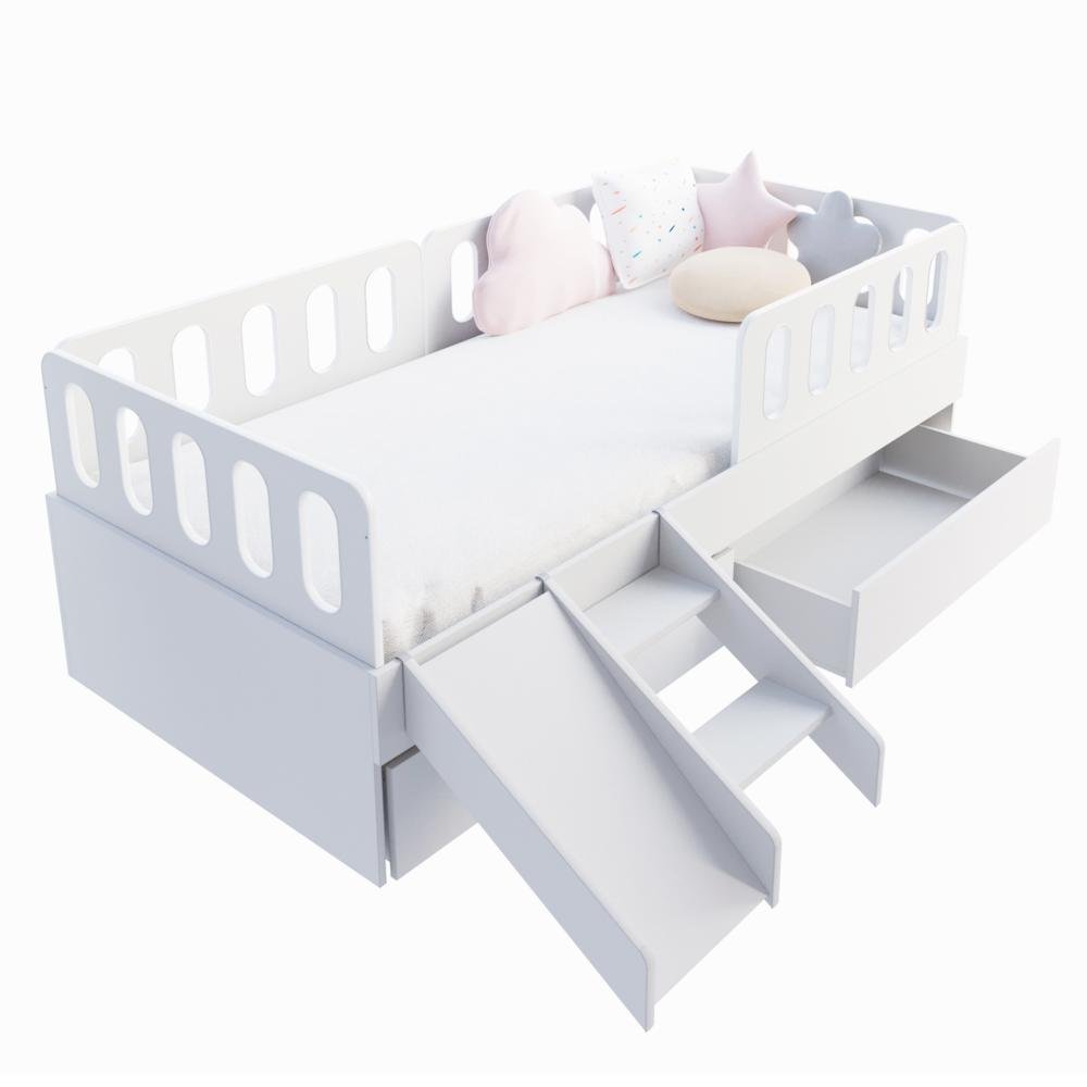 Cama Solteiro Mdf Branco com 02 Gavetas Escadinha/escorrega 03 Grades e Cabeceira Anatômica - 5