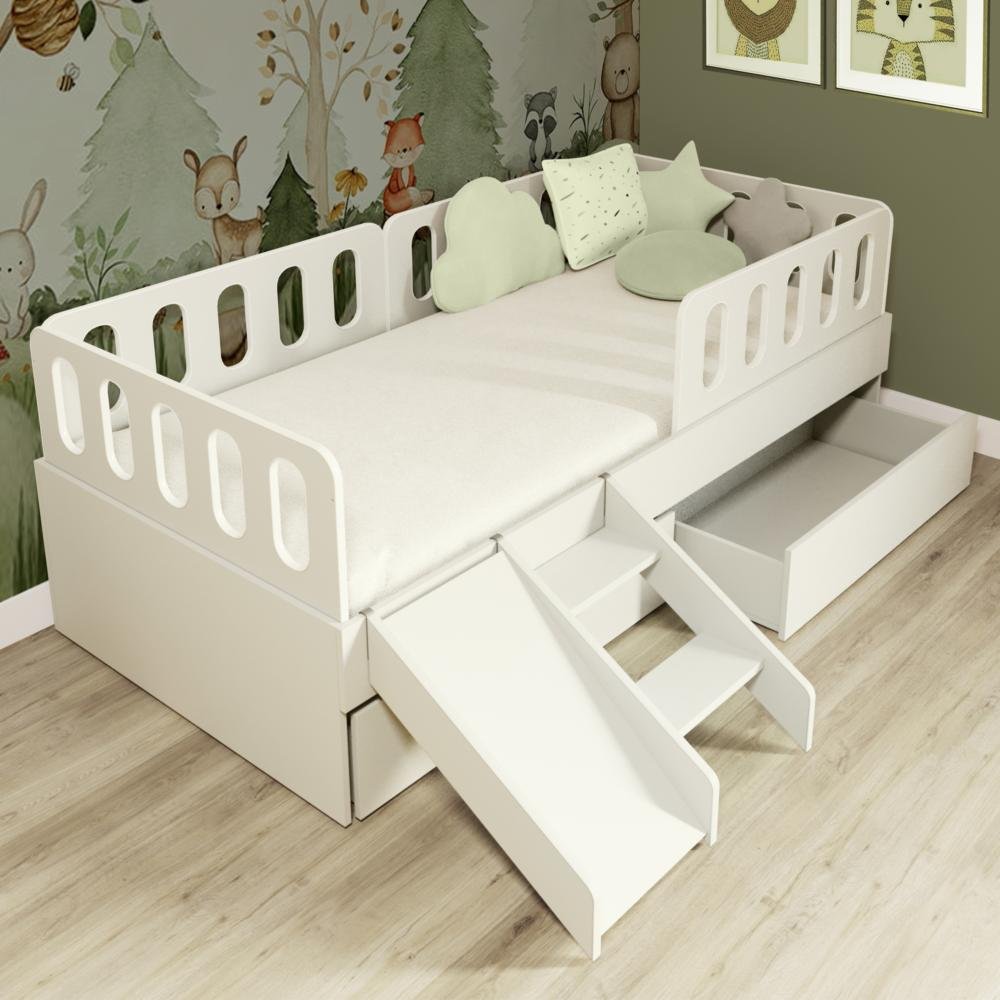 Cama Solteiro Mdf Branco com 02 Gavetas Escadinha/escorrega 03 Grades e Cabeceira Anatômica