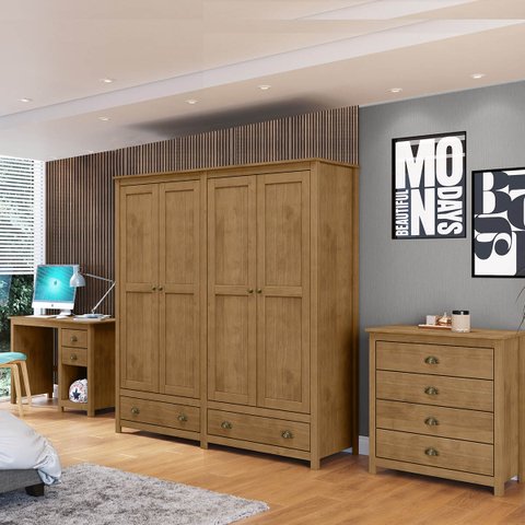 Conjunto Quarto: Guarda-Roupa 10 Portas Cômoda 4 Gavetas Escrivaninha Topázio Branco/Freijó Madeira 