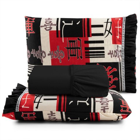 Jogo Cama Lençol Fiore Casal Padrão Estampado 180 Fios 100% Algodão com Babadinho 3 Peças Preto Orie