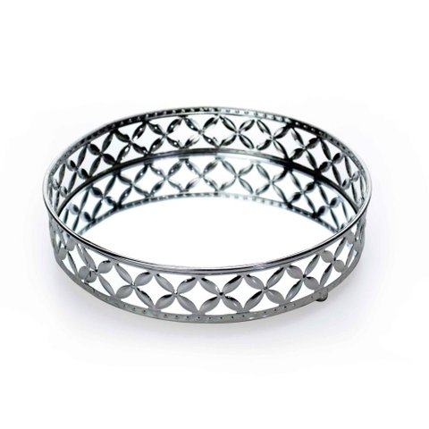 Bandeja Decorativa Redonda P em Metal Prata com Espelho 5x18 Cm - D’Rossi