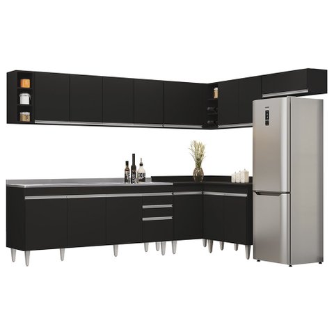 Armário de Cozinha Modulado de Canto 8 Peças Cp27 com Pia Inox Preto - Lumil Lumil Móveis