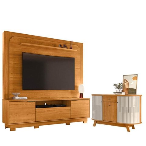 Estante Home Theater Nilo com Pés Cinamomo com Aparador para Sala Buffet Monza Cinamomo Off White - 