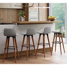 Kit 4 Banquetas Altas Luxo Linea Aço Preto Linho Cinza Base Carvalho - 1