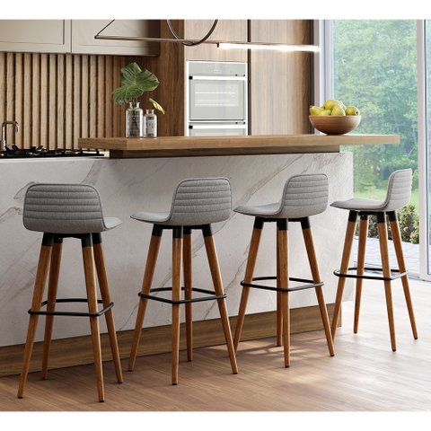 Kit 4 Banquetas Altas Luxo Linea Aço Preto Linho Cinza Base Carvalho