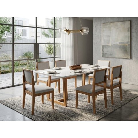 Sala de Jantar Londrina 200cm c/ Vidro com 6 Cadeiras Madeira Maciça Santorini Cinamomo/Off Linho Pr