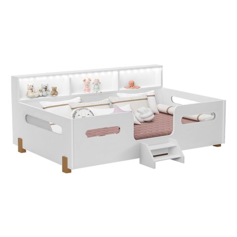 Cama Juvenil Mary com Escada Led e Nicho + Colchão Branco/mel