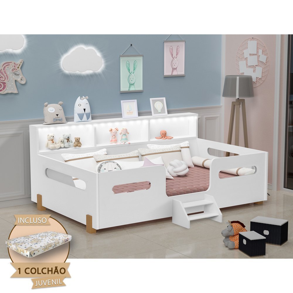 Cama Juvenil Mary com Escada Led e Nicho + Colchão Branco/mel ...