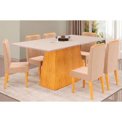 Sala de Jantar Completa Dulce Tampo Madeirado C- Vidro Reto 180x90cm e 6 Cadeiras Lia Cedro-off
