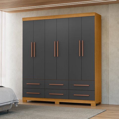Guarda-Roupa Casal 6 Portas 6 Gavetas com Pés Milano Cinza/Carvalho Americano/Grafite