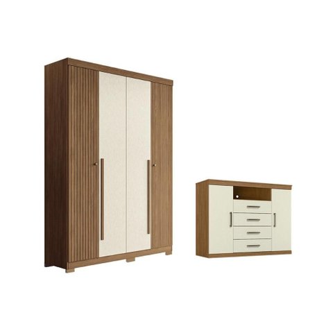 Quarto Completo Casal Guarda Roupa 4 Ptas Buriti + Cômoda Master Areia S. Andirá