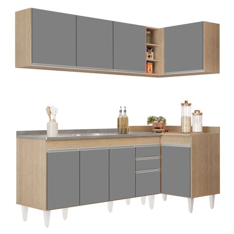 Armário de Cozinha Modulado de Canto Esquerdo 4 Peças Cp51 com Pia Inox Castanho/cinza - Lumil Lumil