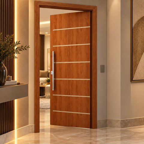 Porta Frisada R50VL 210x80 de Madeira com MDF Acabamento UV:Mogno