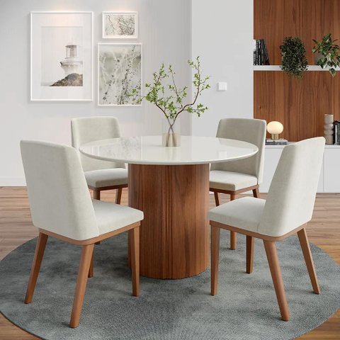 Conjunto de Jantar Mesa Redonda com Vidro 4 Cadeiras Kalina - Canella C/ Palha