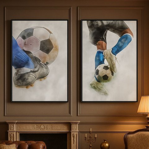 Kit 2 Canvas Quarto Menino Futebol Aquarela-mold.preta:70x50cm
