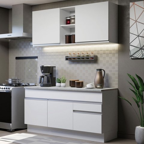 Cozinha Compacta Madesa Glamy 150001 com Armário e Balcão (Com Tampo) Branco Cor:Branco