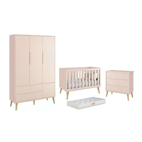 Dormitório Theo 3 Portas, Cômoda 3 Gavetas Rosa com Pés Madeira Natural e Colchão D18 - Reller M