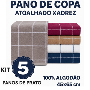 Kit 5 Pano Prato Copa Atoalhado Xadrez 100% Algodão Colorido