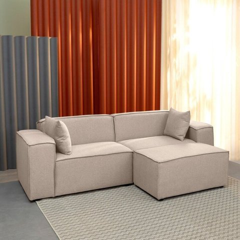 Conjunto Sofá 220cm e Puff 80cm Baobá CabeCasa MadeiraOriginals Bege Linho Avelã
