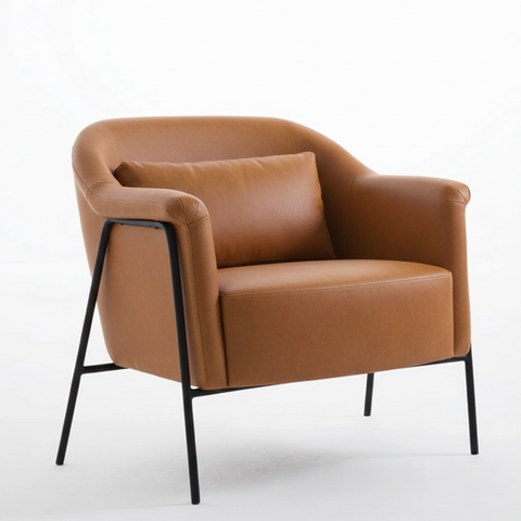 Poltrona Bowl Base Aço Preto Tecido Couro Sintético Caramelo - Ooca Móveis