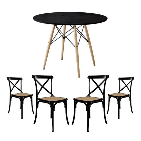 Jogo de Mesa Eiffel Redondo Tampo de Madeira 90cm Preto com 4 Cadeiras Katrina Preto Assento Bege