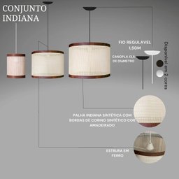 Luminária Teto Conjunto 3  Lustre Palha Indiana Ratan D40 Fio Branco 150cm 127/220v - 2