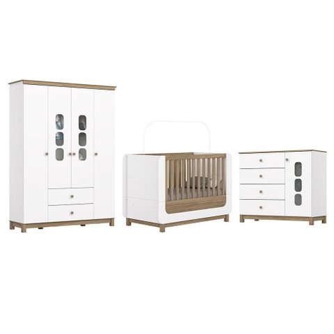 Dormitório Infantil Aconchego Guarda Roupa, Cômoda e Berço Branco/jequitibá - Móveis Henn