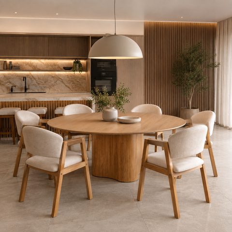 Conjunto Mesa Jantar Redonda 150cm + 6 Cadeiras Estofadas Allegra Noronha Sala Area Gourmet Varanda: