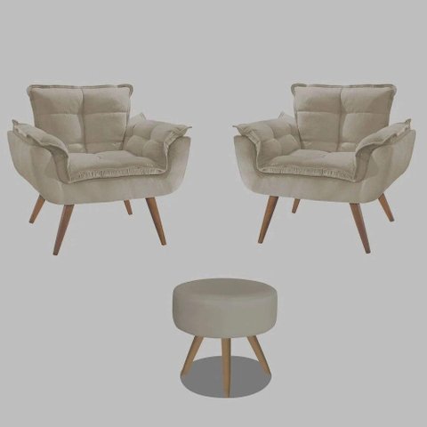 Kit 2 Poltronas Opalas com Puff Redondo Suede Bege
