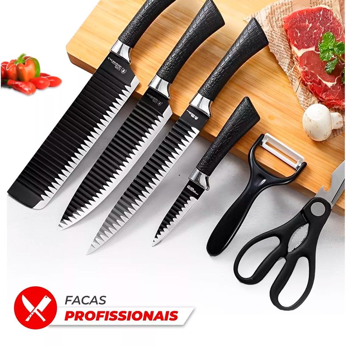 Kit Facas Cozinha Churrasco 6 Peças Antiaderente Fio Navalha - 10