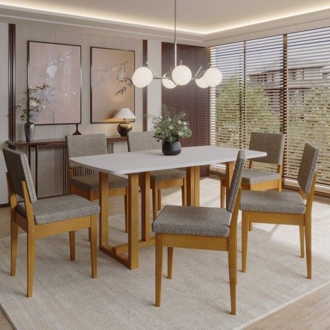 Conjunto Sala de Jantar 6 Cadeiras Tampo 170cm Oval sem Vidro Filadélfia Natural Cerejeira/Café