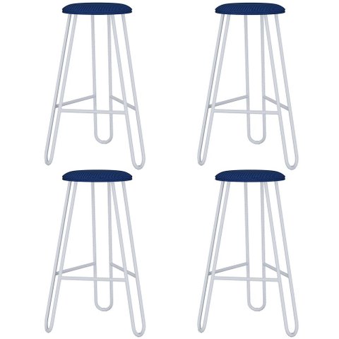 Kit 04 Banquetas Baixa Bar Cozinha Sala de Jantar Áris C01 Branco Linho Azul Jeans - Lyam Decor