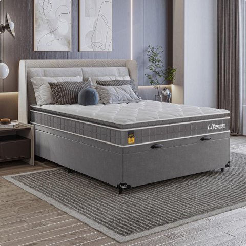 Cama Box Baú Viúva + Colchão Life D33 Pillow Top 61x128x188cm - Cinza - e-Shop Casa