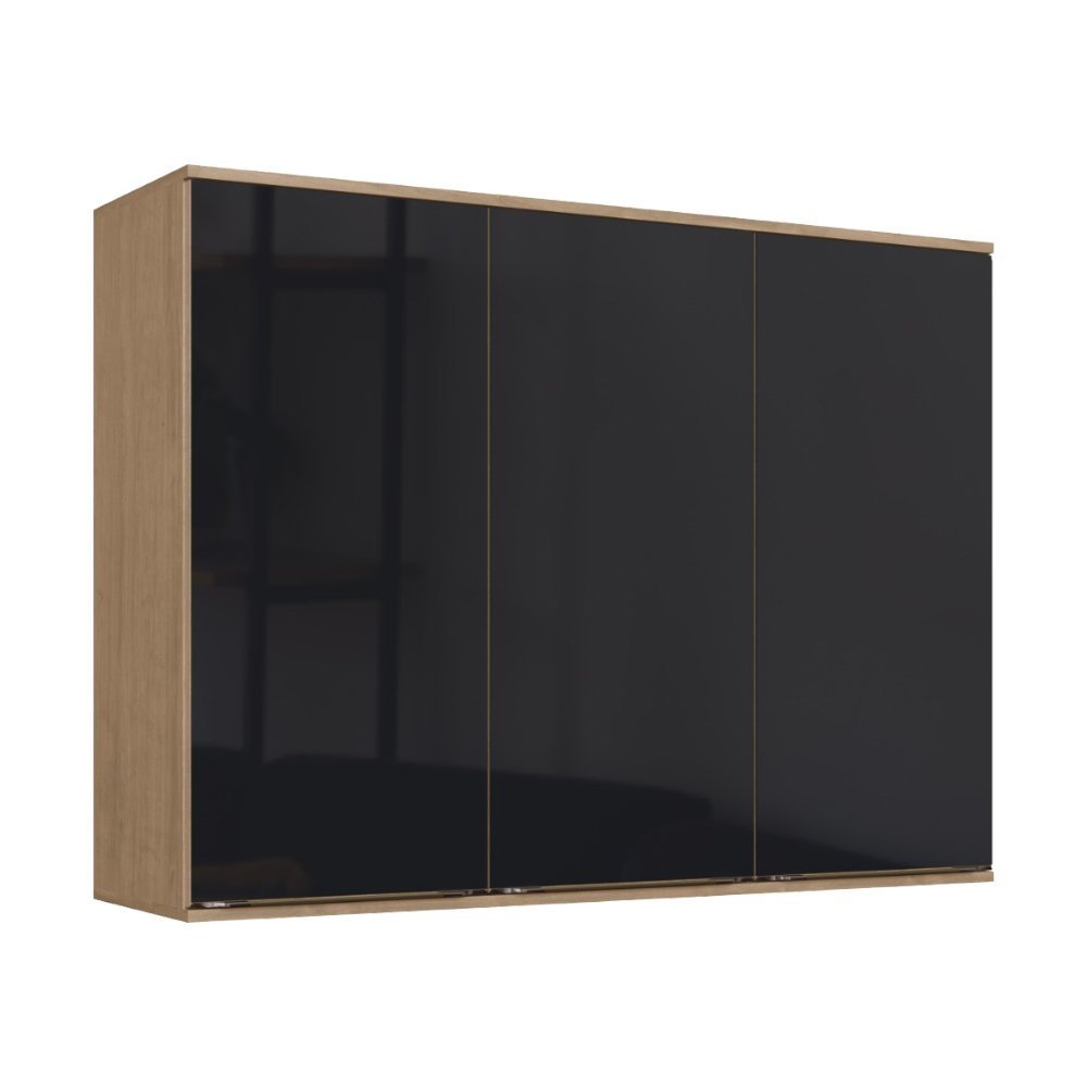 Armário Aéreo Cozinha 120cm 3 Porta com Vidro Dubai 2902 Casamia - Nogueira/Preto