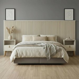 Cabeceira Ripada Casal Queen e Mesa Retrô Off White