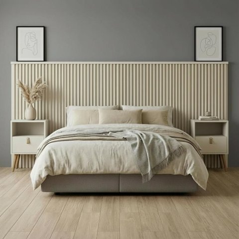 Cabeceira Ripada Casal Queen e Mesa Retrô Off White