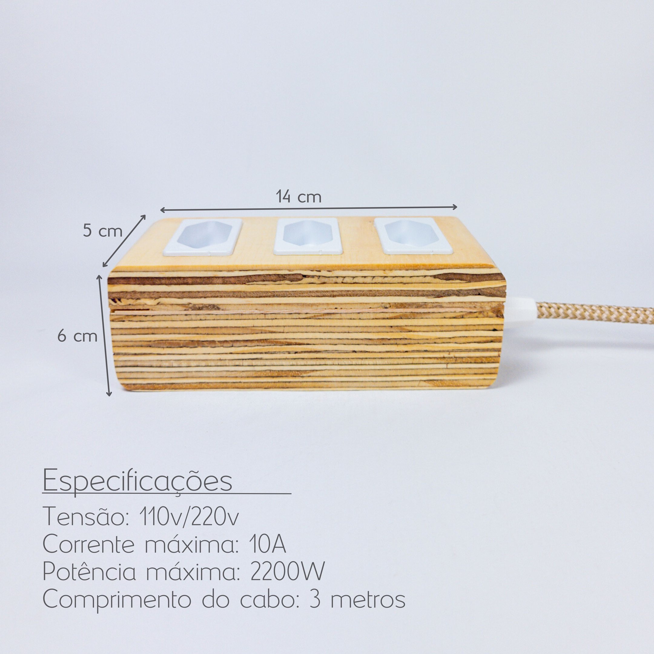 Extensão Madeira Régua Elétrica 3 Tomadas Branca - 4
