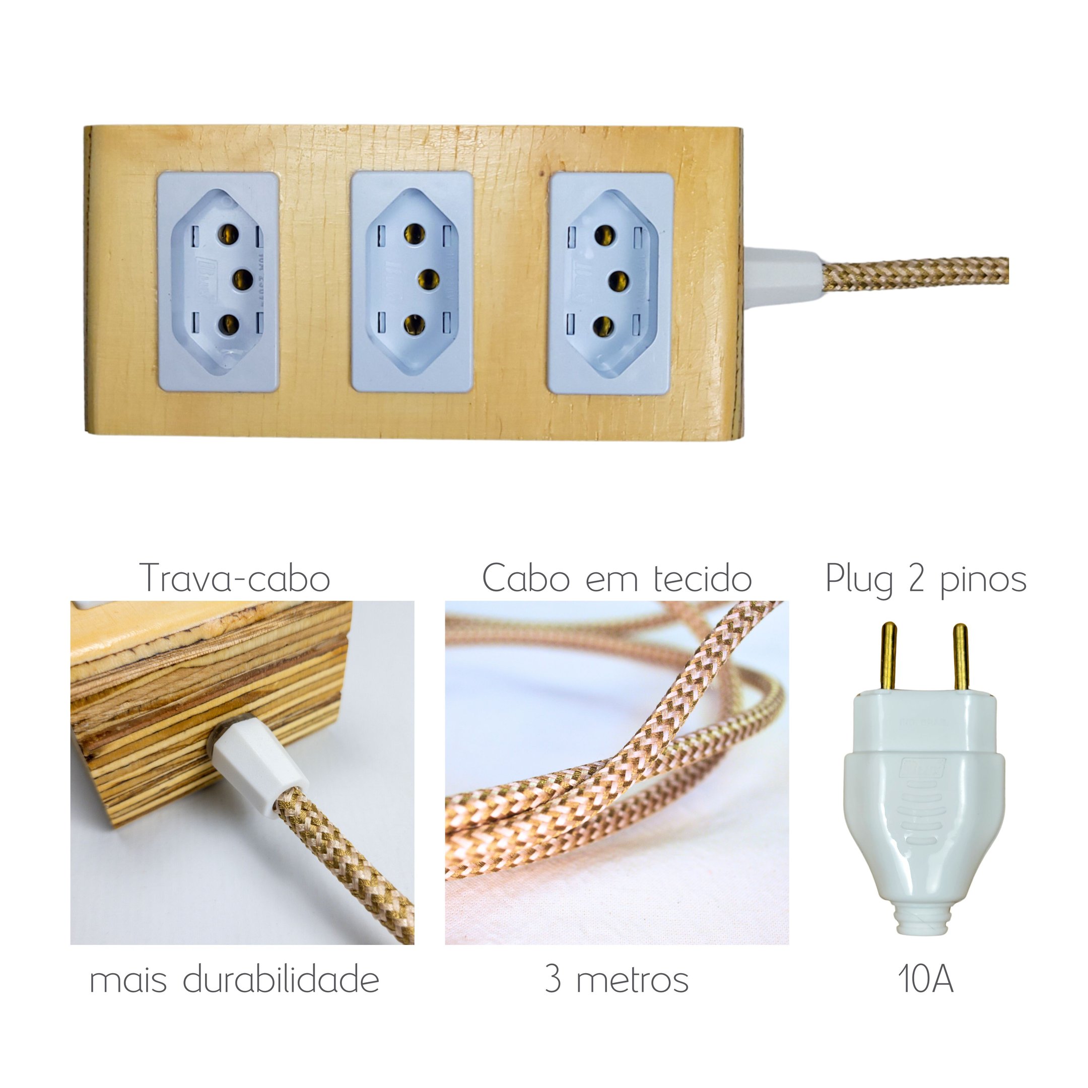 Extensão Madeira Régua Elétrica 3 Tomadas Branca - 3