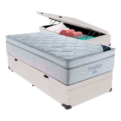 Cama Box Baú Solteiro Branco e Colchão Freedom Molas Ensacadas Ortobom