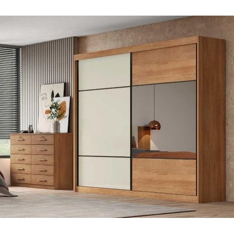 Guarda Roupa Casal com Espelho 100% MDF 2 Portas de Correr 8 Gavetas 241cm Brusque Cumaru/Fendi - Novo Horizonte