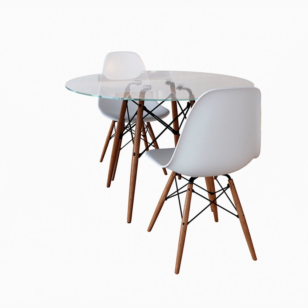 Conjunto de Mesa de Jantar Eames Eiffel Redonda 90cm Tampo de Vidro com 2 Cadeiras Brancas