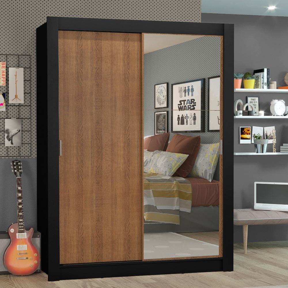 Guarda-Roupa Solteiro Madesa Denver 2 Portas de Correr com Espelho Preto/Rustic Cor:Preto/Rustic