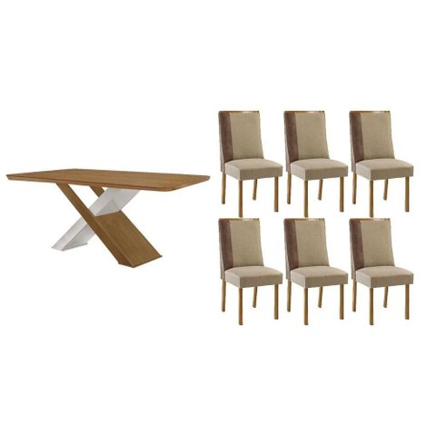 Conjunto: Mesa Sala Jantar Imperatriz Curvo 180cm + 6 Cadeiras Tilia Naturale/off White - Suede