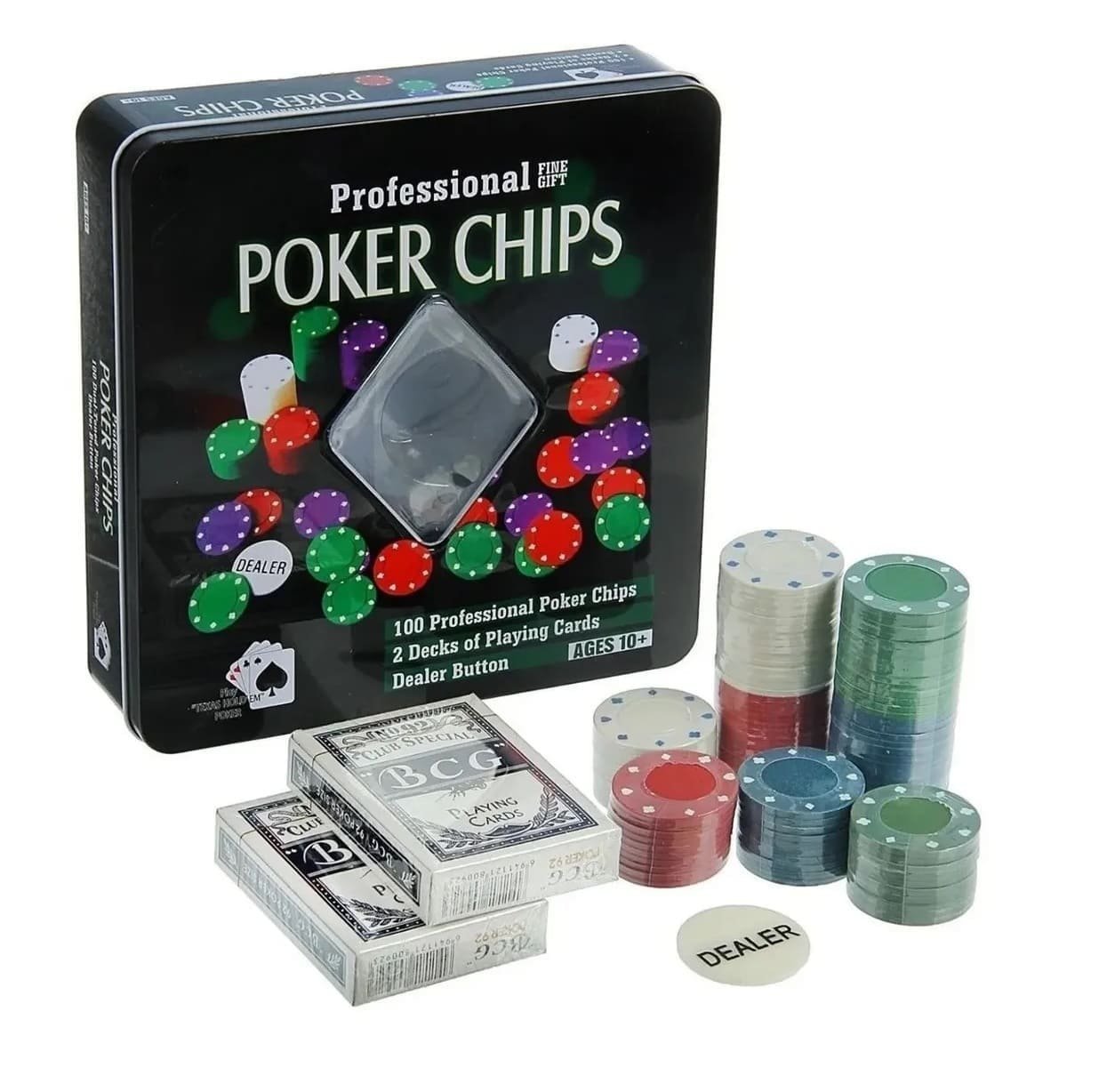 Jogo de Poker Chips Profissional 100 Fichas + 2 Decks de Cartas Fine Gift - 1