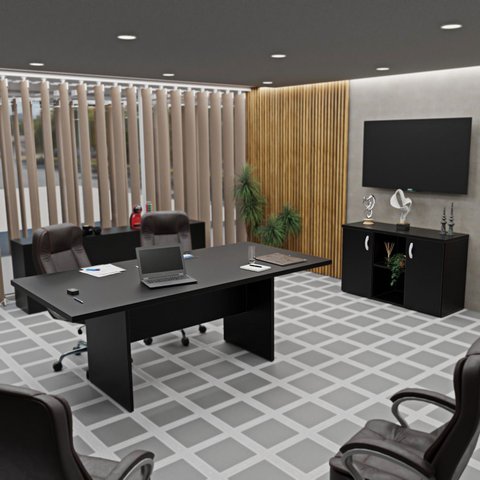 Conjunto Escritório Mesa Reunião Armário Credenza Escritório Office Netmobil - Preto
